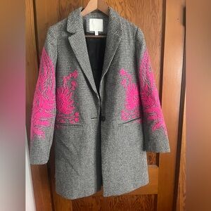 Anthropologie Houndstooth Coat light weight with Pink Embroidery
*RARE*